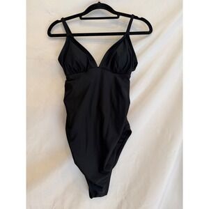 NWT Cupshe Black Ruched V-Neck One-Piece Swimsuit DKA12E2D003AA Womens XS NWT